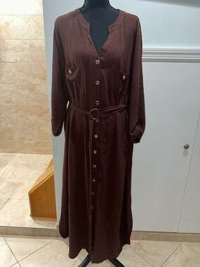 Chocolate Brown Button-Down Belted Shirt Dress with Metal Buckle